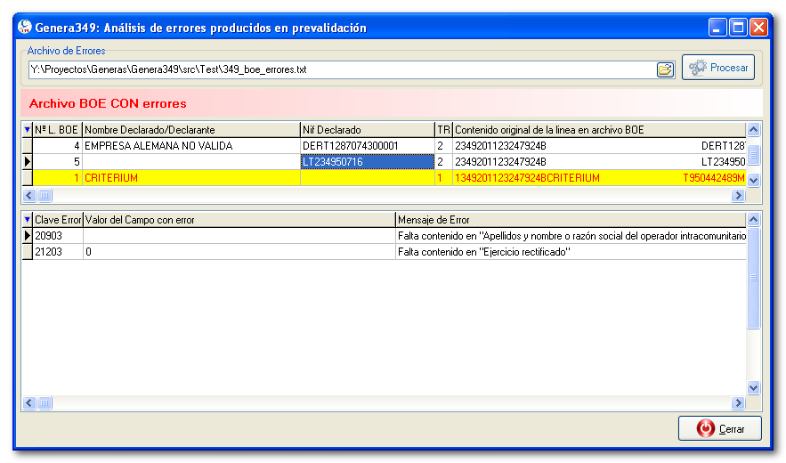 Análisis de errores producidos en prevalidación