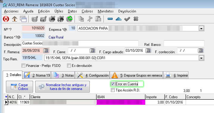 Errores de cuentas en remesa