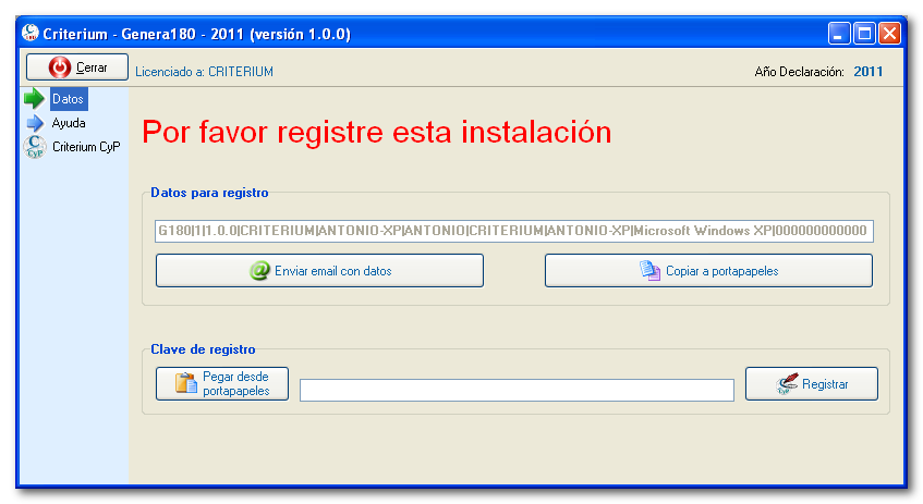 Datos del registro