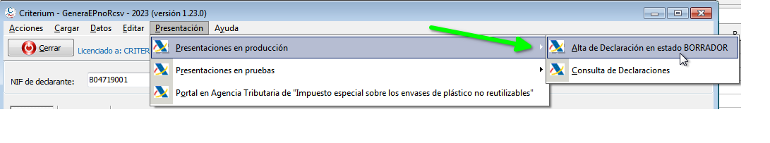 Alta de declaración en modo borrador
