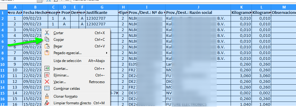 Copiar datos en hoja de cálculo