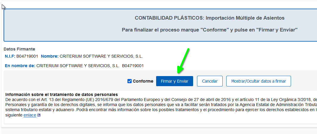 Firma y envío final de importación múltiple