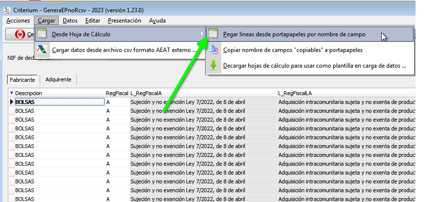 Pegar datos desde hoja de cálculo