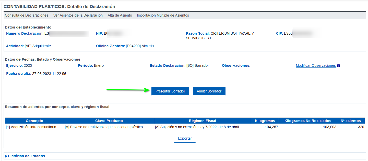 Presentar borrador de declaración