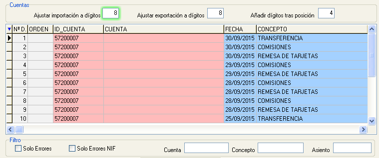 Ajustes importación de cuentas