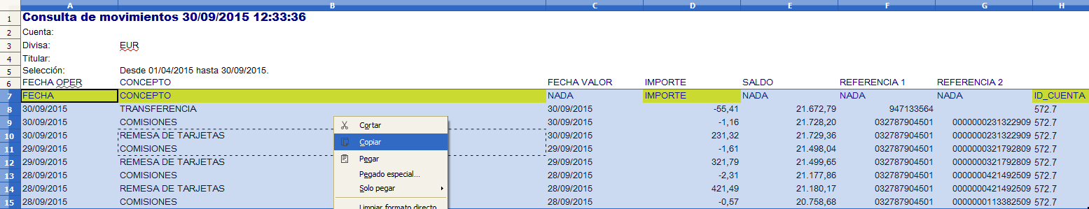 Importar extracto de Banco Sabadell en formato excel