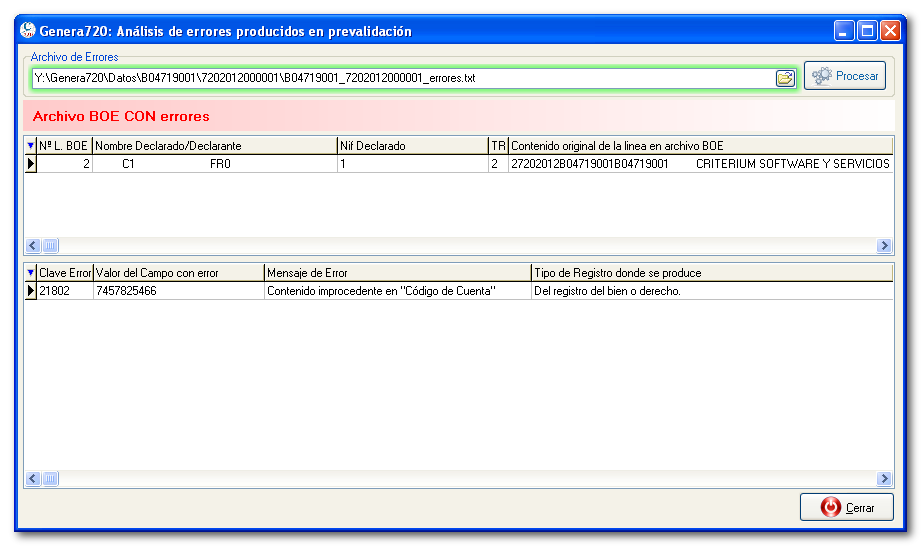 Análisis de errores de prevalidación de modelo 720