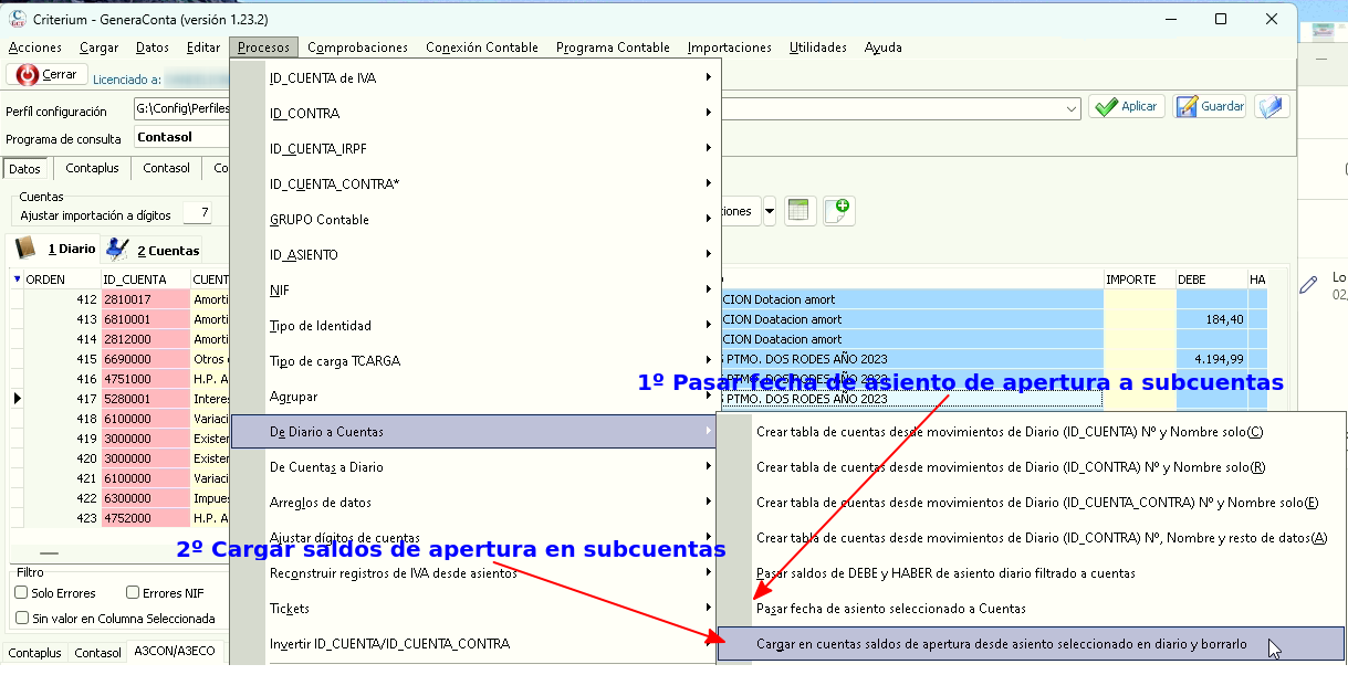 Pasar fecha y saldos de apertura de diario a subcuentas