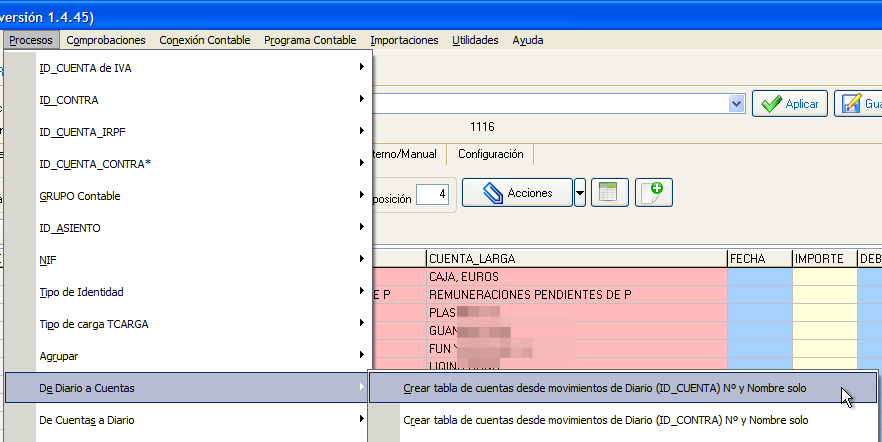 Creación de cuentas desde diario