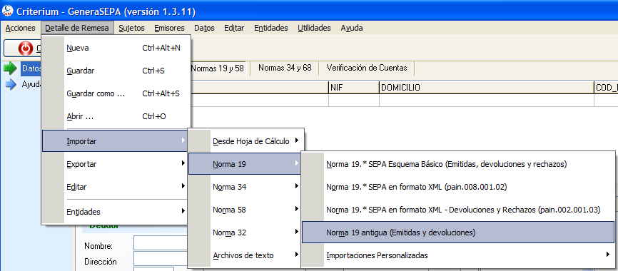 Importar norma 19 antigua para conversión a norma 19 SEPA