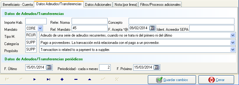 Datos de mandatos y periodificaciones en adeudos