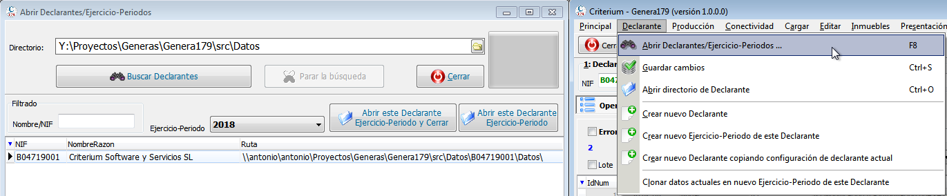 Selección de declarante y ejercicio-periodo a abrir