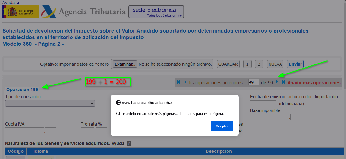 Límite de 200 operaciones en declaración de modelo 360 mediante formulario