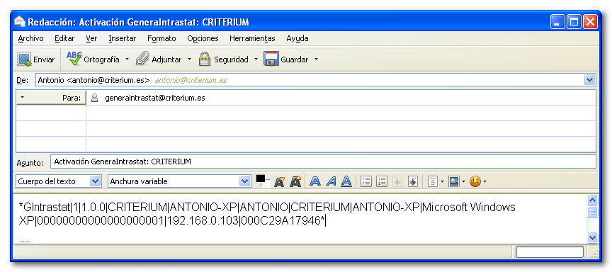 Correo con la clave de activación