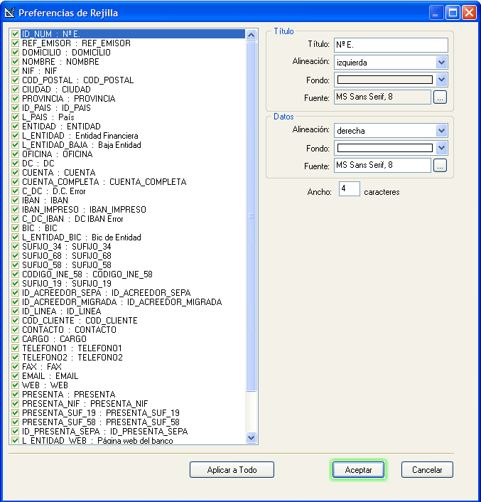 Configuración de rejilla de datos