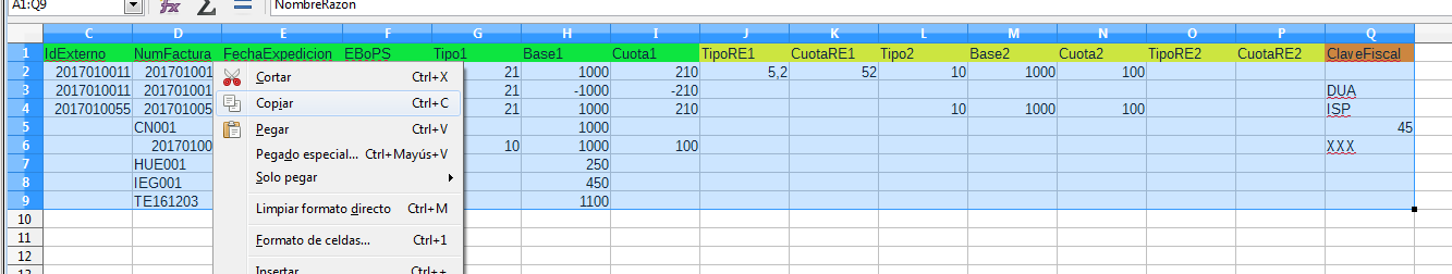 Copiar en hoja de cálculo para pegar en GeneraSII