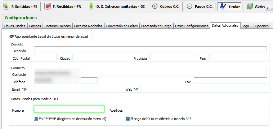 Configurar datos para modelo 303 en Titular