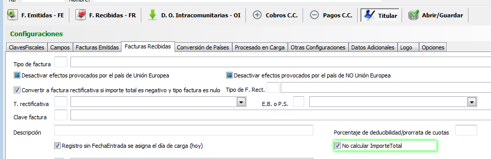 Desactivar cálculo de ImporteTotal en facturas recibidas