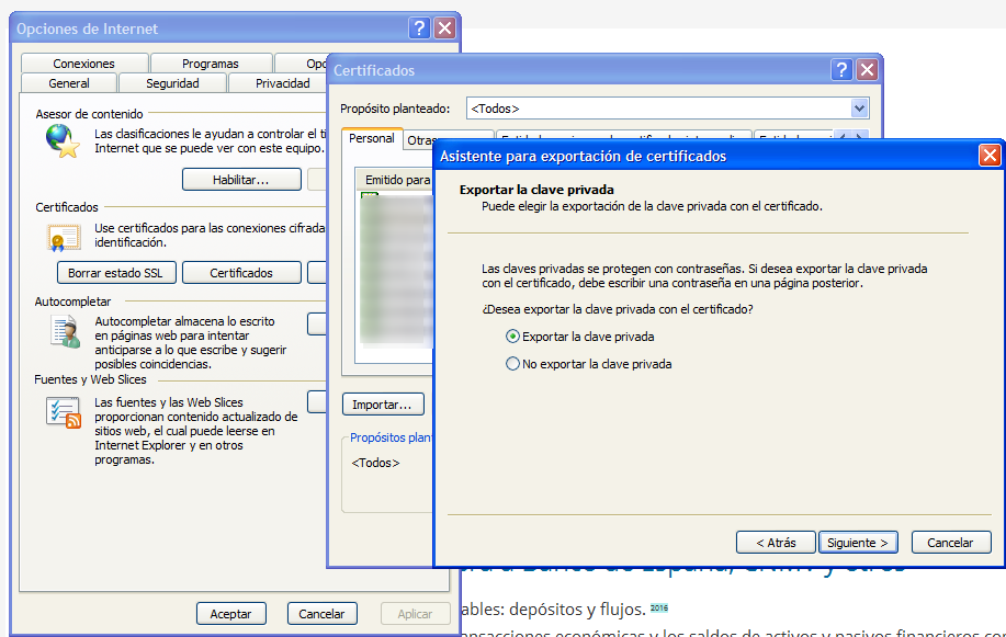 Exportar certificado en Internet Explorer