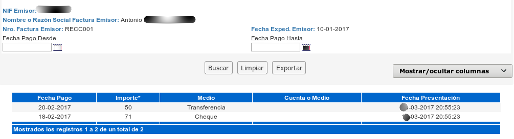 Pagos de factura recibida en RECC