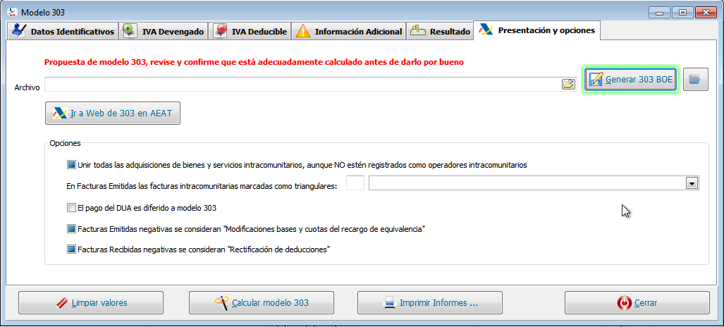 Opciones de modelo 303