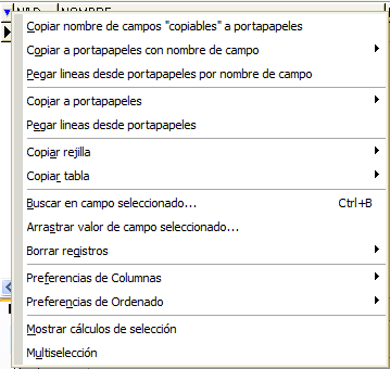 Menú en rejilla de datos