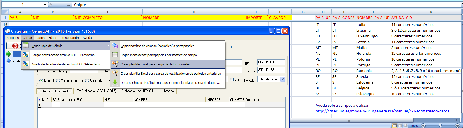 Crear hoja Excel para cargar modelo 349