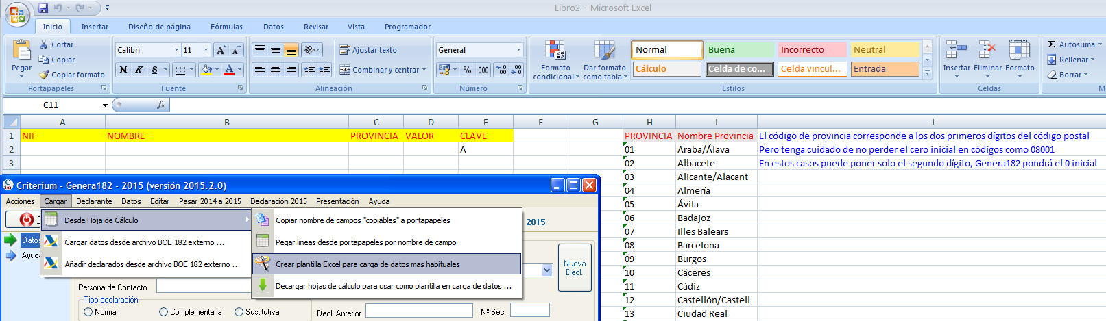 Crear plantilla excel para carga de modelo 182