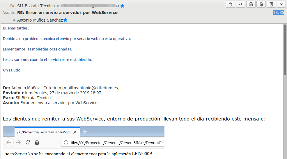 Error de conexión al servicio SII de Bizkaia/Vizcaya respuesta
